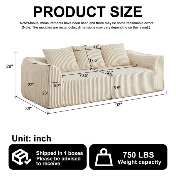 English Elm Minimalist Corduroy 3 Seater Sofa Curved Backrest Cloud Aesthetic Living Room W3505P505128