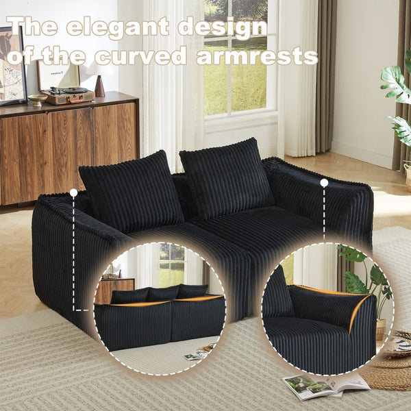 English Elm Minimalist Corduroy Curved Sofa with Ergonomic Backrest and Plush Ribbed Upholstery Black W3505P505129