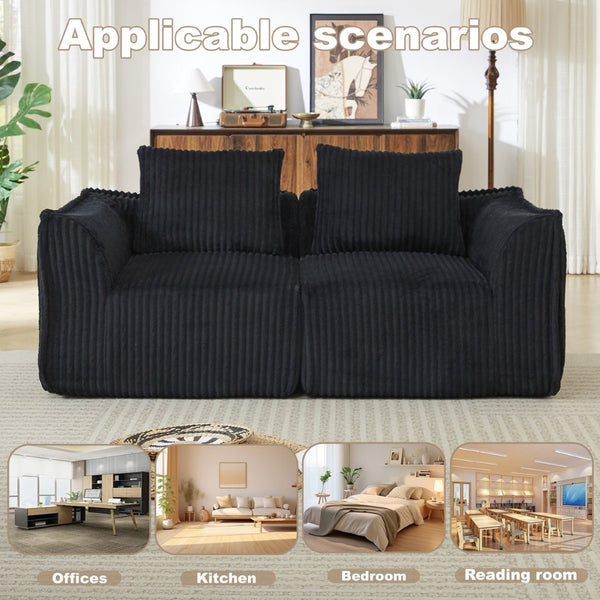 English Elm Minimalist Corduroy Curved Sofa with Ergonomic Backrest and Plush Ribbed Upholstery Black W3505P505129