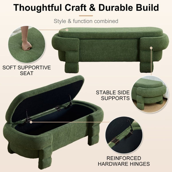 English Elm 48.8 Inch Chenille Storage Ottoman Bench with Lift Top for Bedroom or Entryway Green W3505P517421