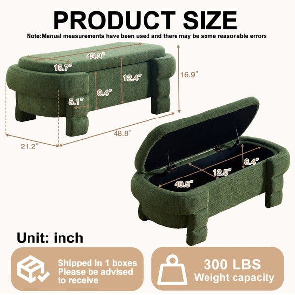 English Elm 48.8 Inch Chenille Storage Ottoman Bench with Lift Top for Bedroom or Entryway Green W3505P517421