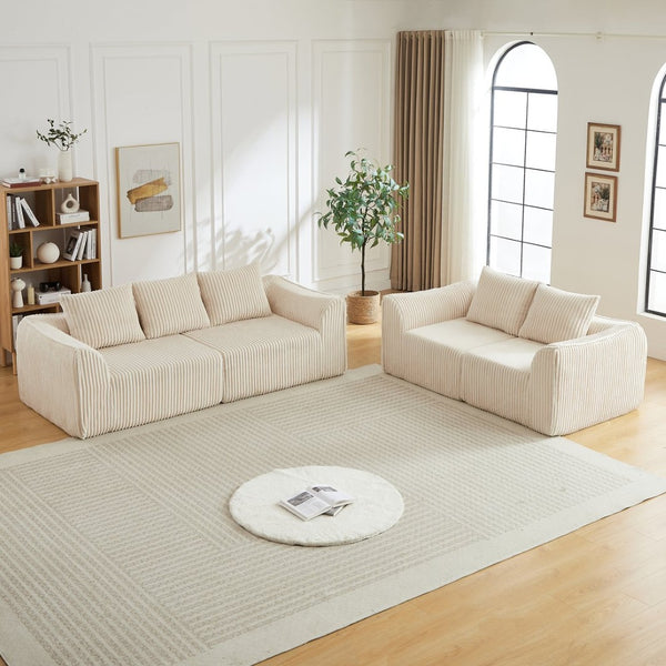 English Elm Minimalist Corduroy 3 Plus 2 Seater Sofa Set Curved Ergonomic Backrest Living Room Beige W3505S00066