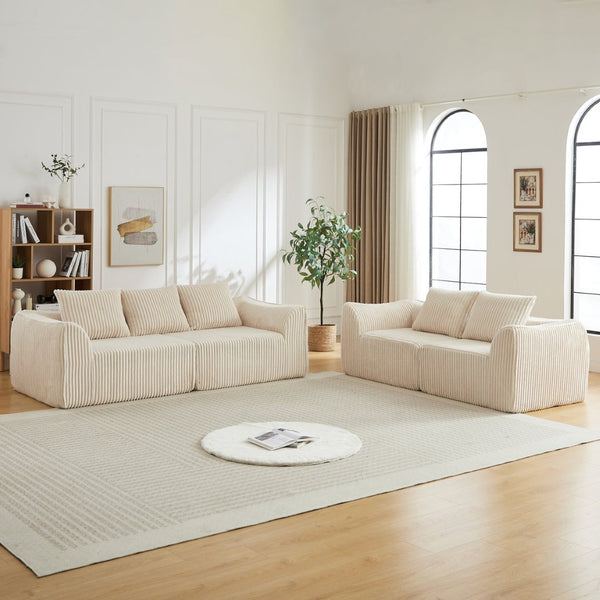 English Elm Minimalist Corduroy 3 Plus 2 Seater Sofa Set Curved Ergonomic Backrest Living Room Beige W3505S00066