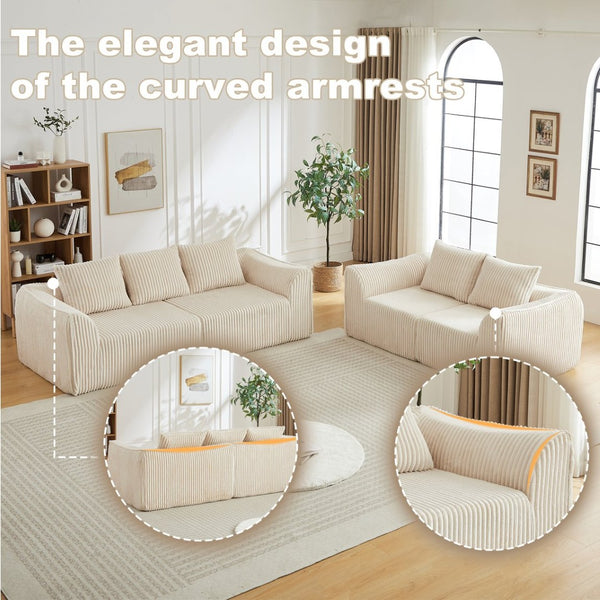 English Elm Minimalist Corduroy 3 Plus 2 Seater Sofa Set Curved Ergonomic Backrest Living Room Beige W3505S00066