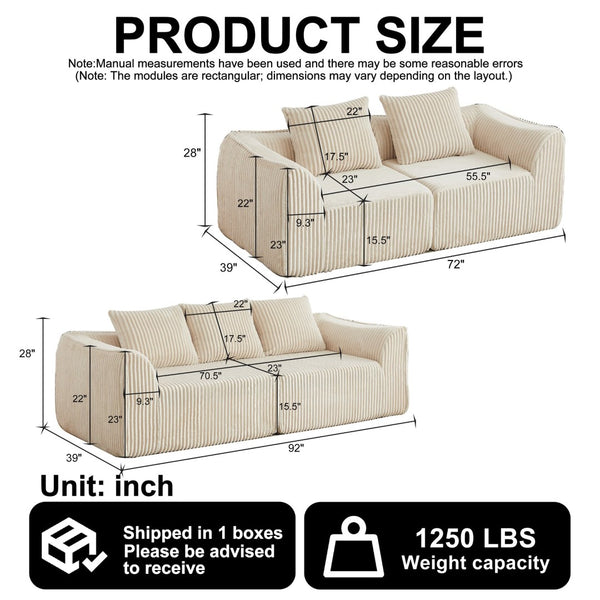 English Elm Minimalist Corduroy 3 Plus 2 Seater Sofa Set Curved Ergonomic Backrest Living Room Beige W3505S00066