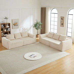 English Elm Minimalist Corduroy Sofa Set with Curved Ergonomic Backrest and Six Sculpted Throw Pillows Beige W3505S00067
