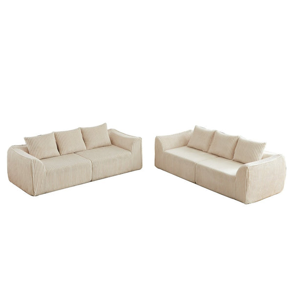 English Elm Minimalist Corduroy Sofa Set with Curved Ergonomic Backrest and Six Sculpted Throw Pillows Beige W3505S00067