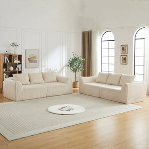 English Elm Minimalist Corduroy Sofa Set with Curved Ergonomic Backrest and Six Sculpted Throw Pillows Beige W3505S00067