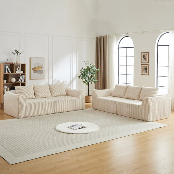 English Elm Minimalist Corduroy Sofa Set with Curved Ergonomic Backrest and Six Sculpted Throw Pillows Beige W3505S00067