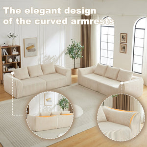 English Elm Minimalist Corduroy Sofa Set with Curved Ergonomic Backrest and Six Sculpted Throw Pillows Beige W3505S00067