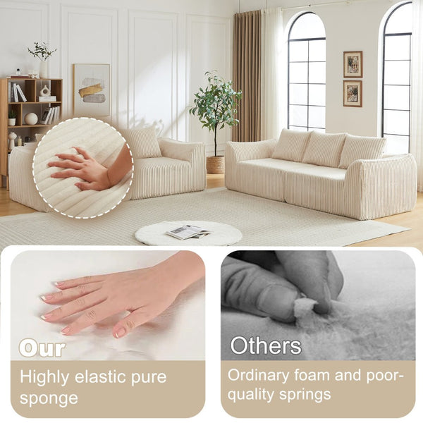 English Elm Minimalist Corduroy Sofa Set with Curved Ergonomic Backrest and Six Sculpted Throw Pillows Beige W3505S00067
