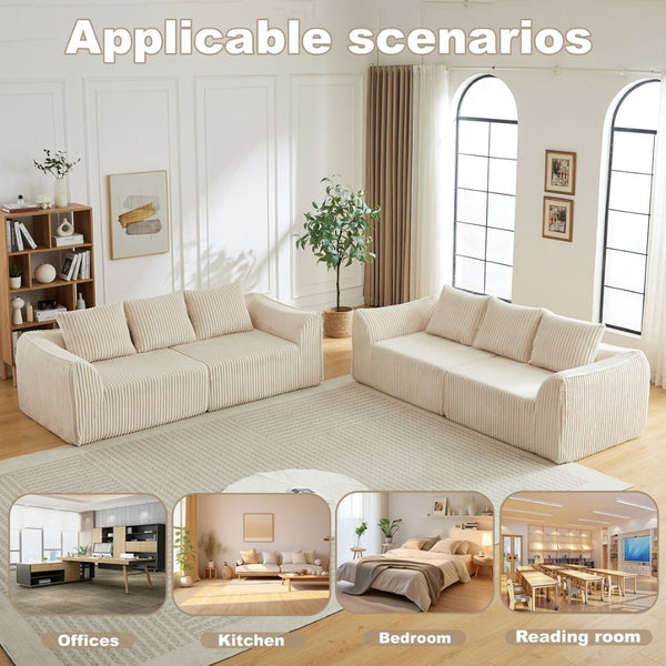 English Elm Minimalist Corduroy Sofa Set with Curved Ergonomic Backrest and Six Sculpted Throw Pillows Beige W3505S00067