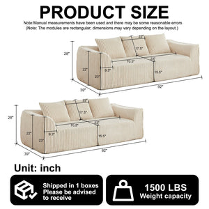 English Elm Minimalist Corduroy Sofa Set with Curved Ergonomic Backrest and Six Sculpted Throw Pillows Beige W3505S00067