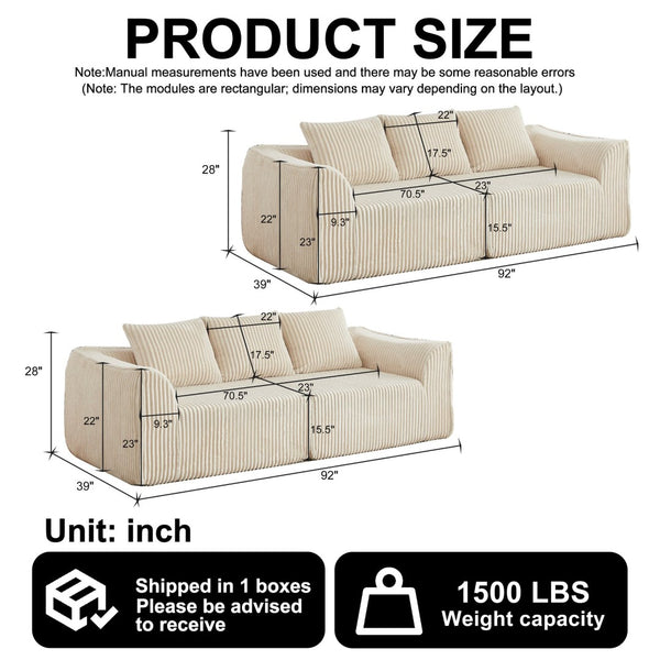 English Elm Minimalist Corduroy Sofa Set with Curved Ergonomic Backrest and Six Sculpted Throw Pillows Beige W3505S00067