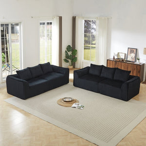 English Elm Minimalist Corduroy Sofa Set with Curved Ergonomic Backrest and Six Sculpted Throw Pillows Black W3505S00068