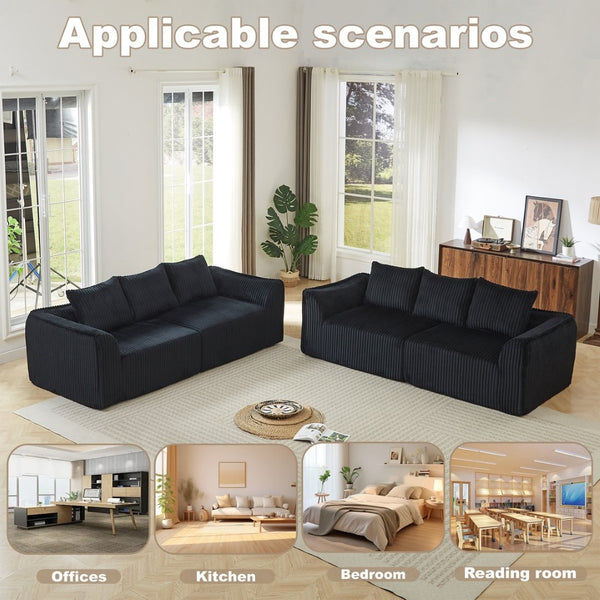 English Elm Minimalist Corduroy Sofa Set with Curved Ergonomic Backrest and Six Sculpted Throw Pillows Black W3505S00068