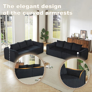 English Elm Minimalist Corduroy Sofa Set with Curved Ergonomic Backrest and Six Sculpted Throw Pillows Black W3505S00068