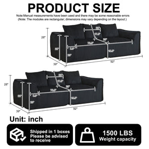English Elm Minimalist Corduroy Sofa Set with Curved Ergonomic Backrest and Six Sculpted Throw Pillows Black W3505S00068