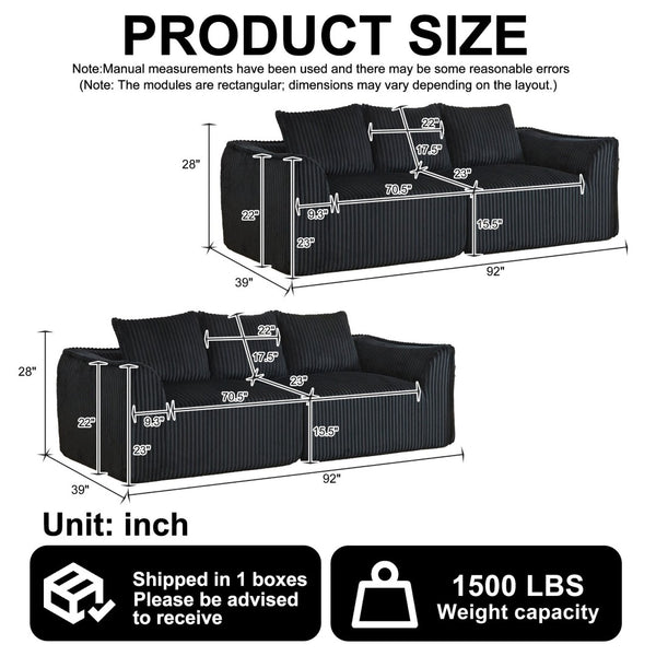 English Elm Minimalist Corduroy Sofa Set with Curved Ergonomic Backrest and Six Sculpted Throw Pillows Black W3505S00068