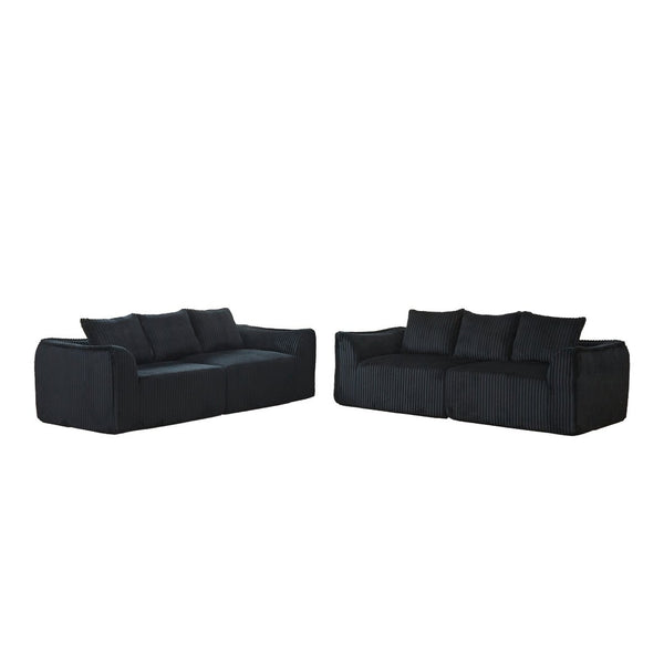 English Elm Minimalist Corduroy Sofa Set with Curved Ergonomic Backrest and Six Sculpted Throw Pillows Black W3505S00068