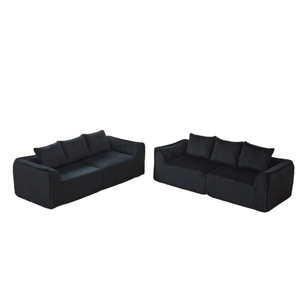 English Elm Minimalist Corduroy Sofa Set with Curved Ergonomic Backrest and Six Sculpted Throw Pillows Black W3505S00068