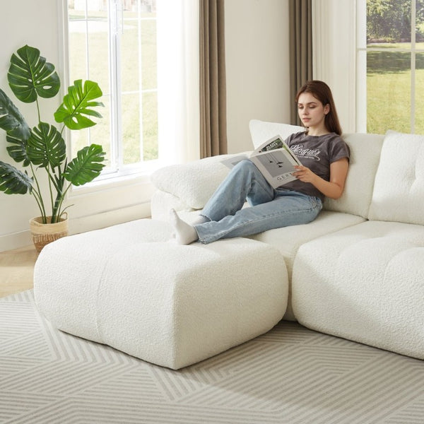 English Elm Video]115 Inch Cloud Silhouette Chenille Sofa with Horn Back Cushions for Modern Living Beige W3505S00069