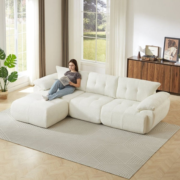 English Elm Video]115 Inch Cloud Silhouette Chenille Sofa with Horn Back Cushions for Modern Living Beige W3505S00069