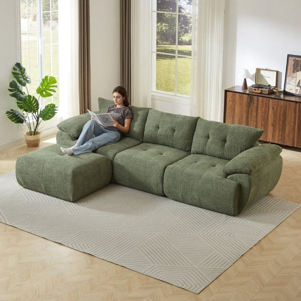 English Elm Video]115 Inch Cloud Silhouette Chenille Sofa with Horn Back Cushions for Modern Living Green W3505S00070