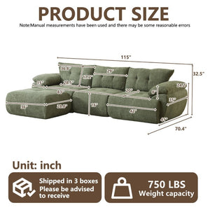 English Elm Video]115 Inch Cloud Silhouette Chenille Sofa with Horn Back Cushions for Modern Living Green W3505S00070