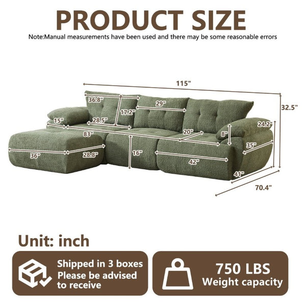 English Elm Video]115 Inch Cloud Silhouette Chenille Sofa with Horn Back Cushions for Modern Living Green W3505S00070