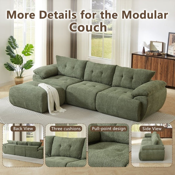 English Elm Video]115 Inch Cloud Silhouette Chenille Sofa with Horn Back Cushions for Modern Living Green W3505S00070