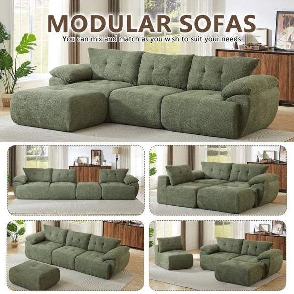 English Elm Video]115 Inch Cloud Silhouette Chenille Sofa with Horn Back Cushions for Modern Living Green W3505S00070