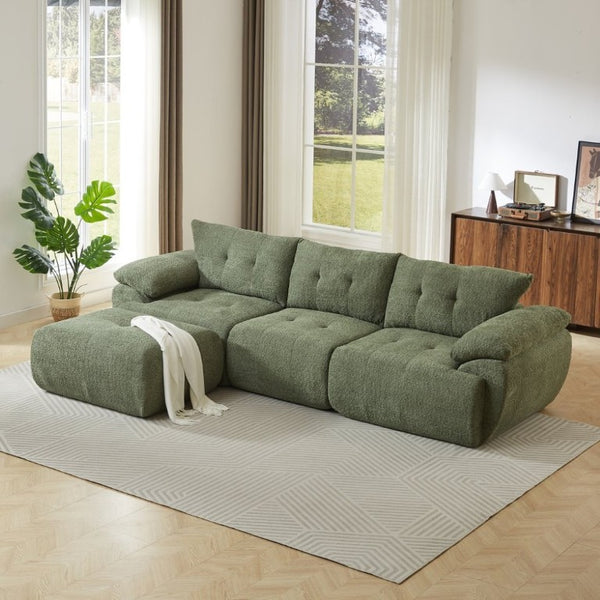 English Elm Video]115 Inch Cloud Silhouette Chenille Sofa with Horn Back Cushions for Modern Living Green W3505S00070