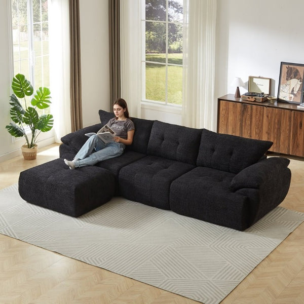 English Elm Video]115 Inch Cloud Silhouette Chenille Sofa with Horn Back Cushions for Modern Living Black W3505S00071