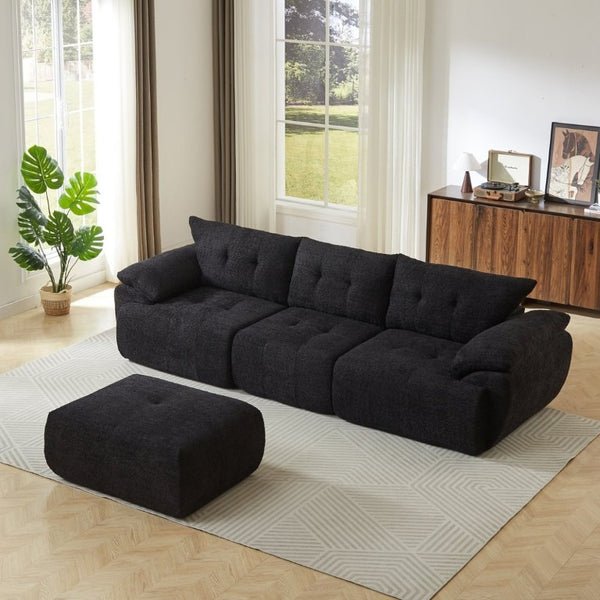 English Elm Video]115 Inch Cloud Silhouette Chenille Sofa with Horn Back Cushions for Modern Living Black W3505S00071