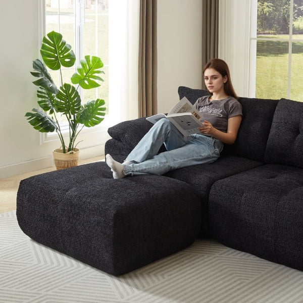 English Elm Video]115 Inch Cloud Silhouette Chenille Sofa with Horn Back Cushions for Modern Living Black W3505S00071