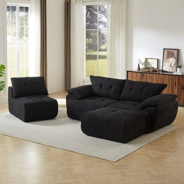 English Elm Video]115 Inch Cloud Silhouette Chenille Sofa with Horn Back Cushions for Modern Living Black W3505S00071
