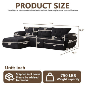 English Elm Video]115 Inch Cloud Silhouette Chenille Sofa with Horn Back Cushions for Modern Living Black W3505S00071