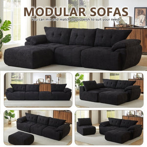 English Elm Video]115 Inch Cloud Silhouette Chenille Sofa with Horn Back Cushions for Modern Living Black W3505S00071