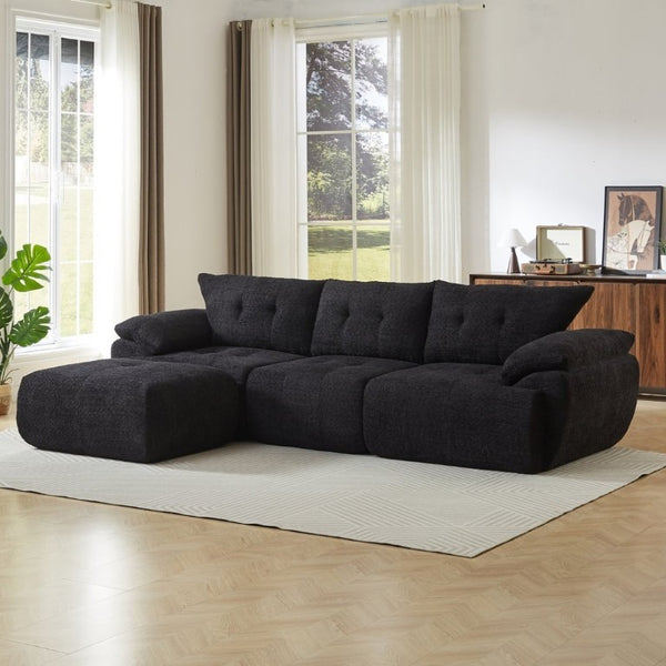 English Elm Video]115 Inch Cloud Silhouette Chenille Sofa with Horn Back Cushions for Modern Living Black W3505S00071