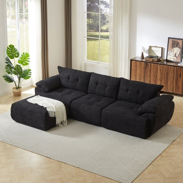 English Elm Video]115 Inch Cloud Silhouette Chenille Sofa with Horn Back Cushions for Modern Living Black W3505S00071