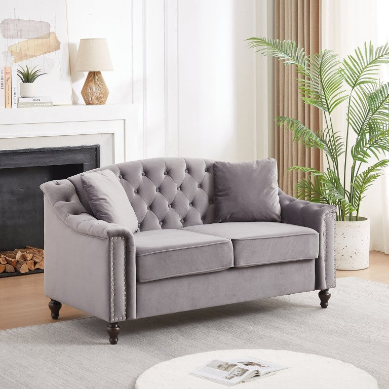 English Elm 58.5 Inch Velvet Chesterfield Sofa with Button Tufting Nailhead Arms Solid Wood Legs Gray W3505S00085