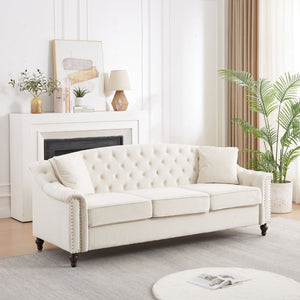 English Elm 82 Inch Velvet Chesterfield Sofa with Button Tufting Nailhead Trim and Solid Wood Legs Beige W3505S00086