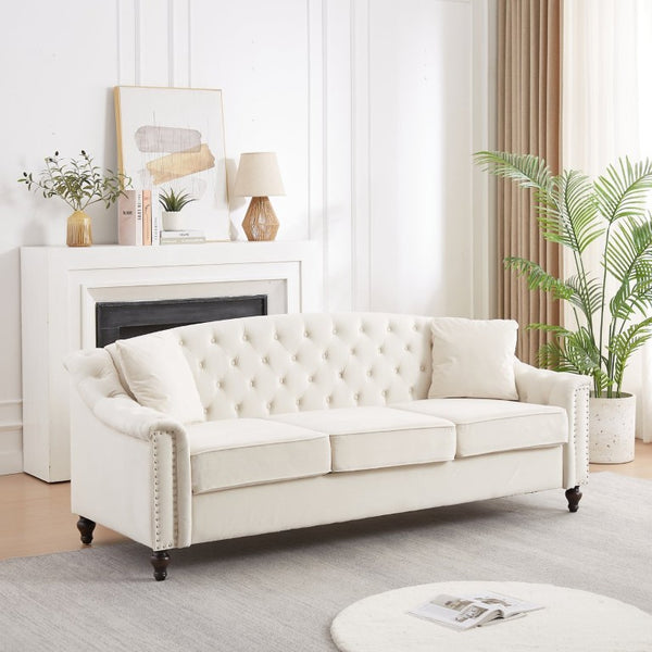 English Elm 82 Inch Velvet Chesterfield Sofa with Button Tufting Nailhead Trim and Solid Wood Legs Beige W3505S00086