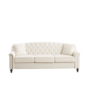 English Elm 82 Inch Velvet Chesterfield Sofa with Button Tufting Nailhead Trim and Solid Wood Legs Beige W3505S00086