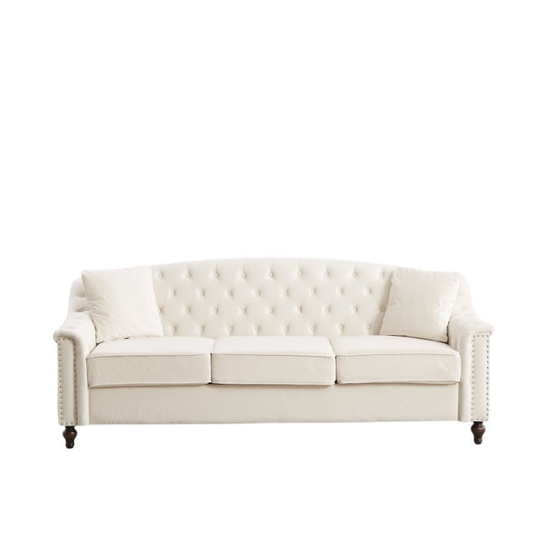 English Elm 82 Inch Velvet Chesterfield Sofa with Button Tufting Nailhead Trim and Solid Wood Legs Beige W3505S00086