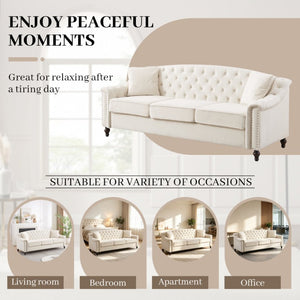 English Elm 82 Inch Velvet Chesterfield Sofa with Button Tufting Nailhead Trim and Solid Wood Legs Beige W3505S00086