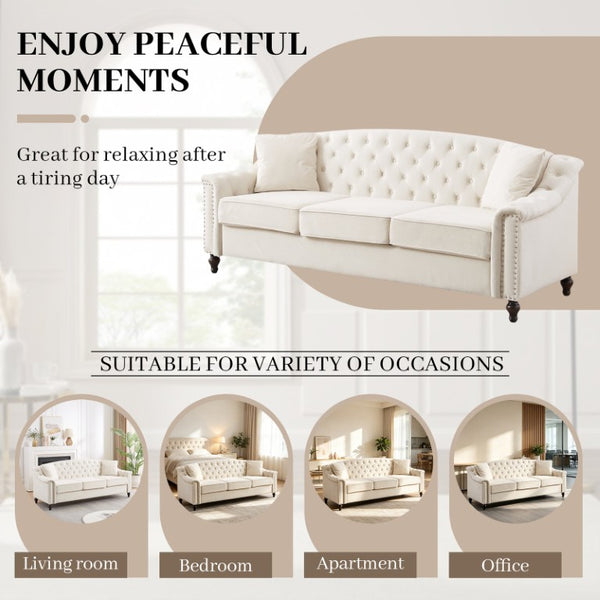 English Elm 82 Inch Velvet Chesterfield Sofa with Button Tufting Nailhead Trim and Solid Wood Legs Beige W3505S00086