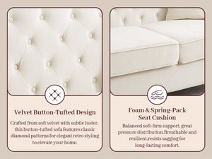 English Elm 82 Inch Velvet Chesterfield Sofa with Button Tufting Nailhead Trim and Solid Wood Legs Beige W3505S00086