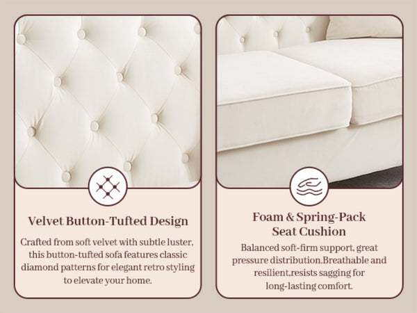 English Elm 82 Inch Velvet Chesterfield Sofa with Button Tufting Nailhead Trim and Solid Wood Legs Beige W3505S00086